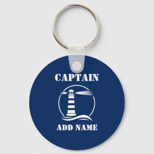 Classic Lighthouse Captain or Boat Name Navy Blue Keychain
