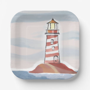 Classic Lighthouse   Ocean Coastal Watercolor Paper Plate