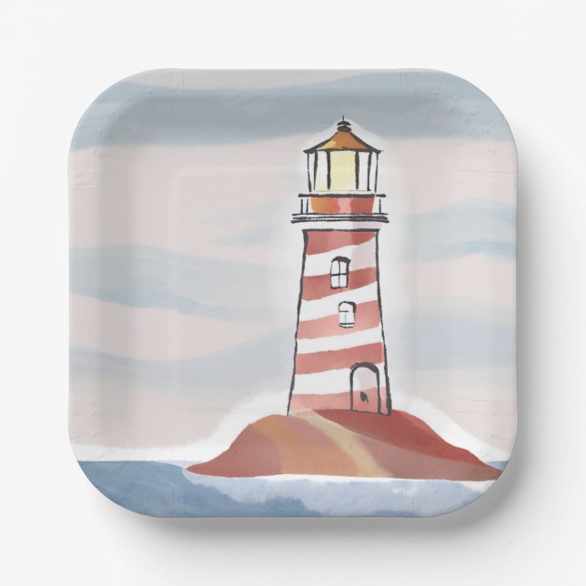 Classic Lighthouse | Ocean Coastal Watercolor Paper Plate (Front)