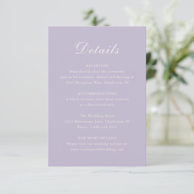 Classic Lilac Elegant Wedding Enclosure Card (Standing Front)