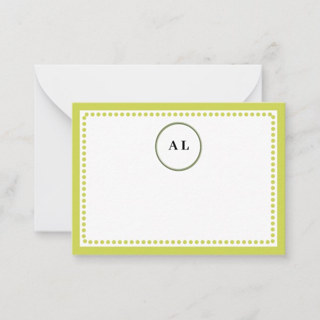 Classic Lime Green Border & Dots Monogrammed Note Card (Front)