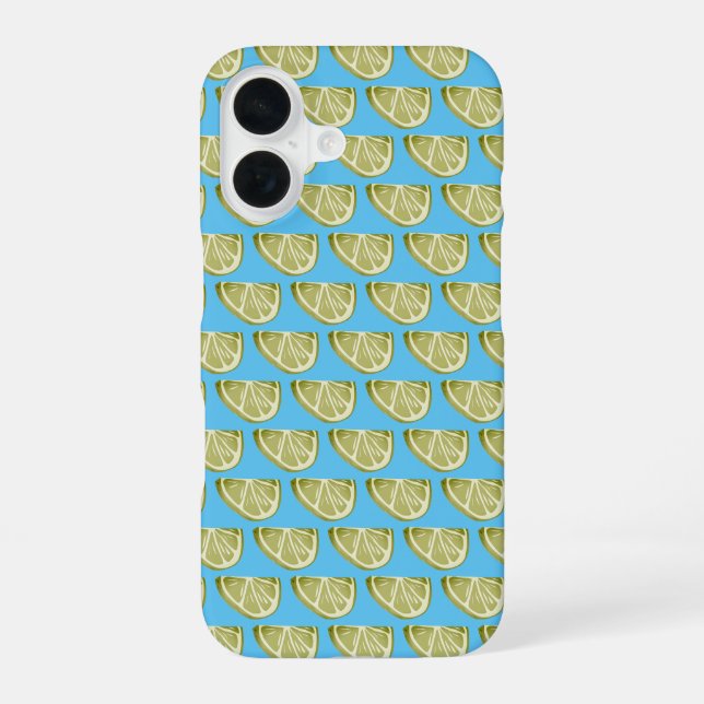 Classic Lime Green Slice Pattern On Sky Blue iPhone 16 Case (Back)
