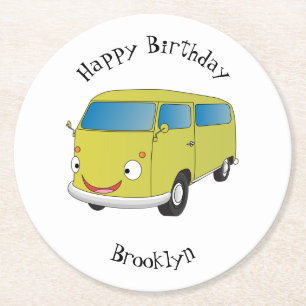 Classic lime green van cartoon round paper coaster