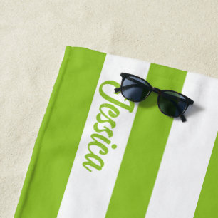 Classic Lime Green White Cabana Strip Personalized Beach Towel