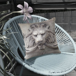 Classic LionHead Architectural Relief Grey Outdoor Pillow