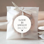 Classic LOVE IS SWEET Heart Wedding Names Favour Classic Round Sticker<br><div class="desc">A Classic Black Thank You Wedding Sticker featuring "Love is Sweet" in a classic modern elegant font. 
You can easily personalized it with your names and wedding date.</div>