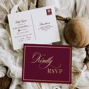 Classic Luxe Burgundy Wedding RSVP Gold Postcard