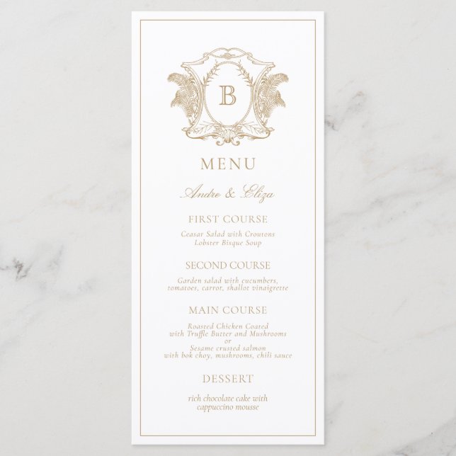 Classic Luxe Crest Monogram Wedding Menu (Front)