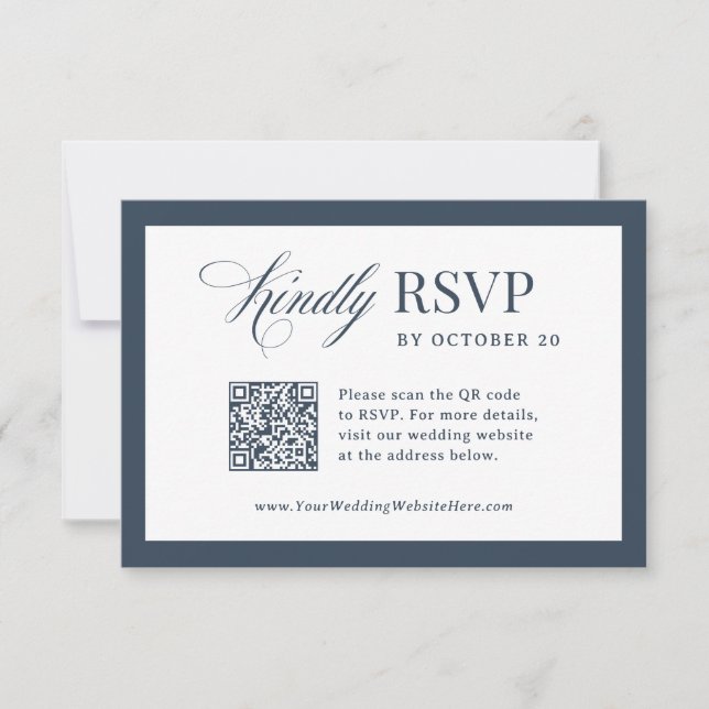 Classic Luxe Navy Blue Scannable QR Code Wedding RSVP Card (Front)