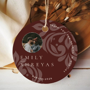 Classic Mahogany Red Damask Photo Wedding Round Favour Tags