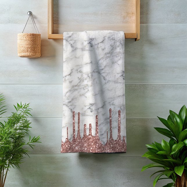 Classic Marble Black White Rose Gold Glitter Drips Bath Towel Set (Creator Uploaded)
