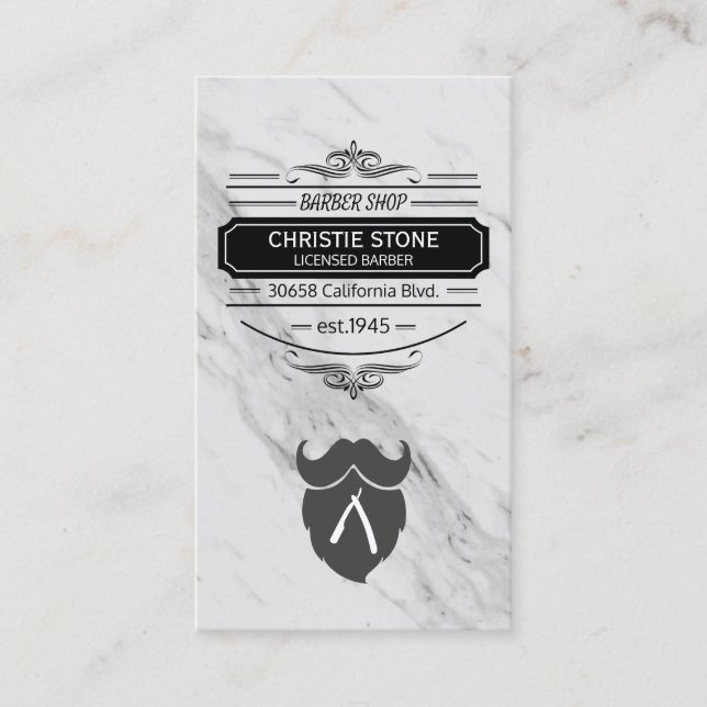 Classic Marble Retro Label Barber Blade and Beard Business Card (Front)