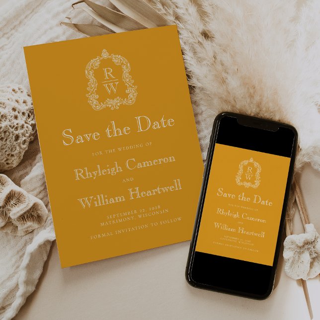 Classic Marigold Yellow Monogram Crest Save The Date (Creator Uploaded)