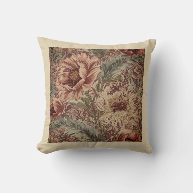 Classic, Maroon Beigi Flowers Pattern Throw Pillow (Front)