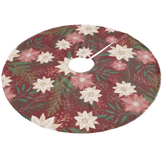 Classic Maroon Christmas Poinsettia Holiday Fleece Tree Skirt (Angled)