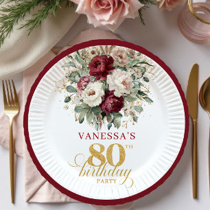 Classic Maroon Floral Gold 80th Birthday Paper Plate