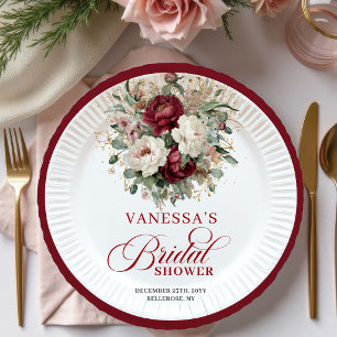 Classic Maroon Floral Gold Bridal Shower Paper  Plate