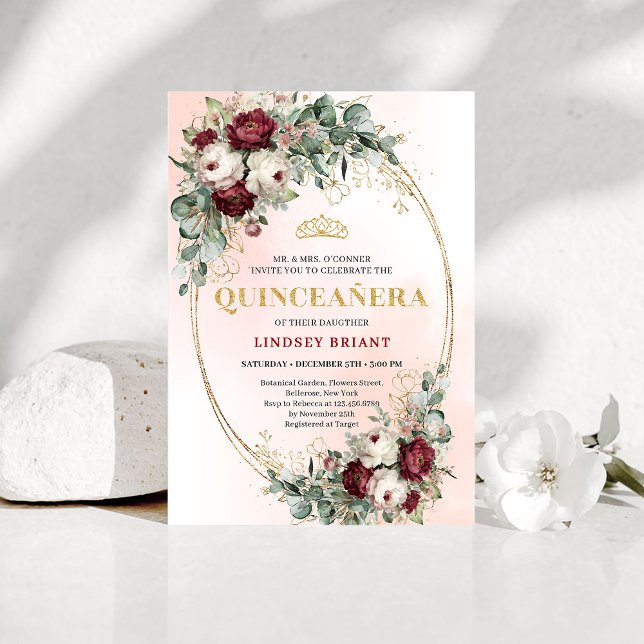 Classic Maroon Floral Greenery Quinceañera Invite (Classic Maroon Floral Greenery Quinceañera Invite)