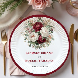 Classic Maroon Flowers Eucalyptus Gold Wedding Paper Plate
