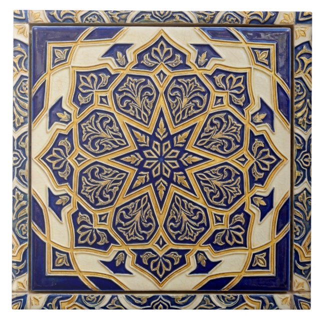Classic Mediterranean Cobalt Blue & Gold Talavera Tile (Front)