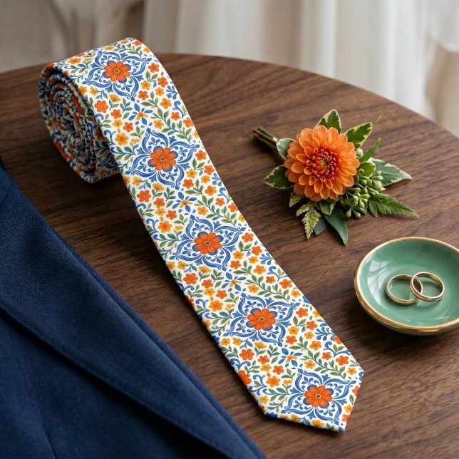 Classic Mediterranean Majolica Floral Art Pattern Tie (Creator Uploaded)