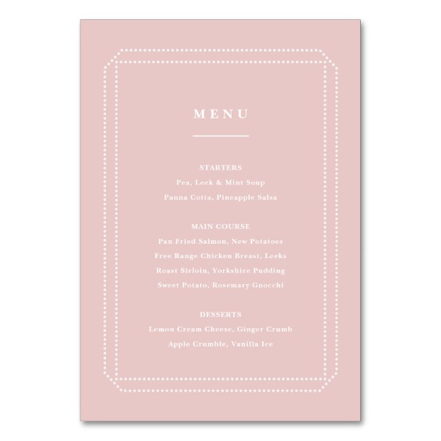 Classic Menu pink, wedding reception Table Number (Front)