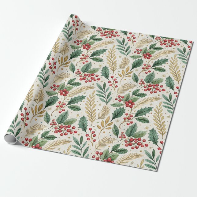 Classic Merry & Bright Red Green and Gold Holly Wrapping Paper