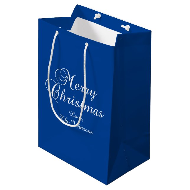Classic Merry Christmas Calligraphy Blue Medium Gift Bag (Front Angled)