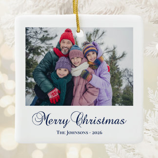 Classic Merry Christmas Calligraphy Family Photo Ceramic Ornament