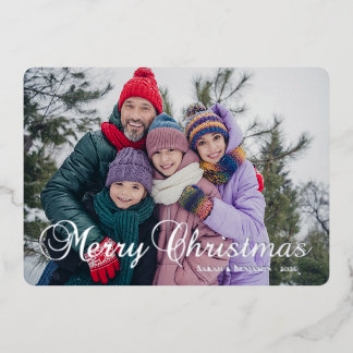 Classic Merry Christmas Calligraphy Family Photo Foil Holiday Card