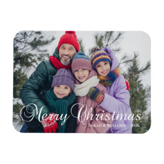 Classic Merry Christmas Calligraphy Family Photo Magnet