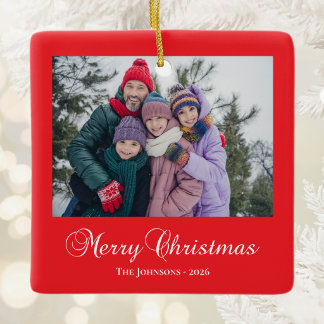 Classic Merry Christmas Calligraphy Photo Red Ceramic Ornament