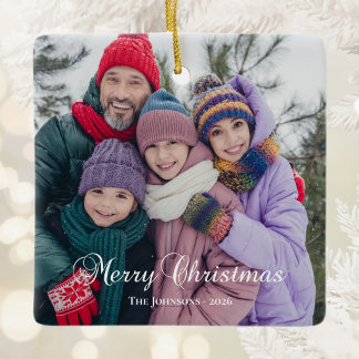 Classic Merry Christmas Calligraphy Photos Ceramic Ornament