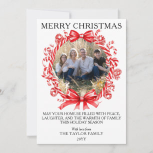 Classic Merry Christmas Candy Cane Wreath Family Holiday Card