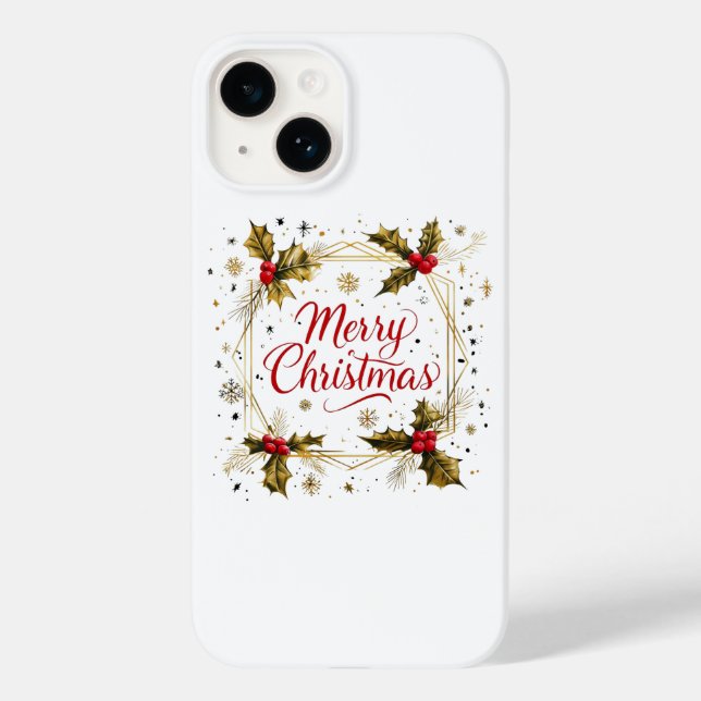 Classic Merry Christmas Card with Holly Design Case-Mate iPhone Case (Back)