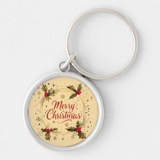Classic Merry Christmas Card with Holly Design Keychain (Front)