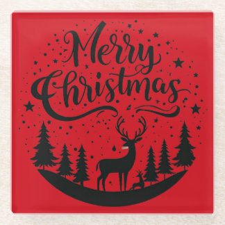 Classic Merry Christmas Deer and Tree Design Art Glass Coaster
