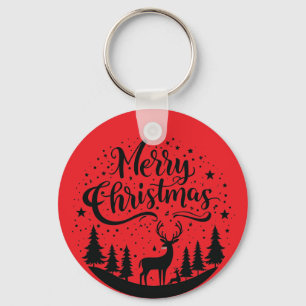 Classic Merry Christmas Deer and Tree Design Art Keychain