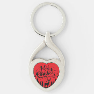 Classic Merry Christmas Deer and Tree Design Art Keychain