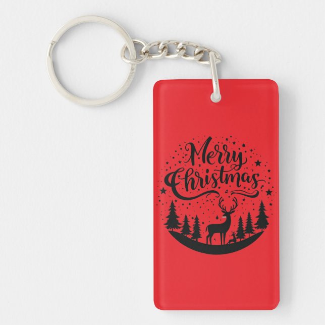 Classic Merry Christmas Deer and Tree Design Art Keychain (Front)
