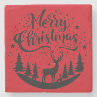 Classic Merry Christmas Deer and Tree Design Art Stone Coaster