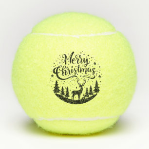 Classic Merry Christmas Deer and Tree Design Art Tennis Balls