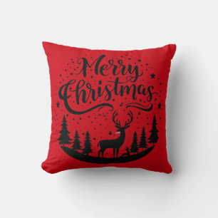 Classic Merry Christmas Deer and Tree Design Art Throw Pillow