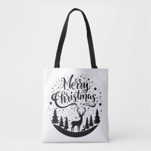 Classic Merry Christmas Deer and Tree Design Art Tote Bag