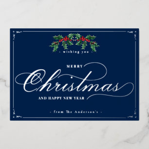 Classic Merry Christmas New Year Blue Silver Foil Holiday Card