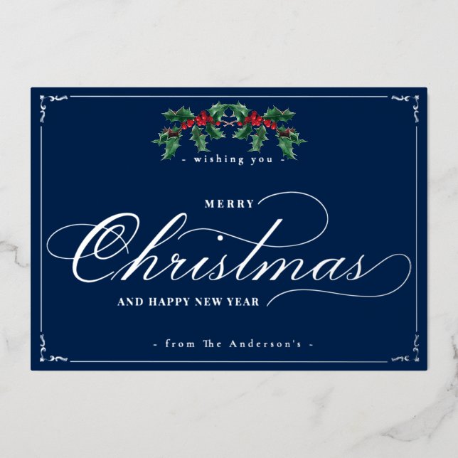 Classic Merry Christmas New Year Blue Silver Foil Holiday Card (Front)
