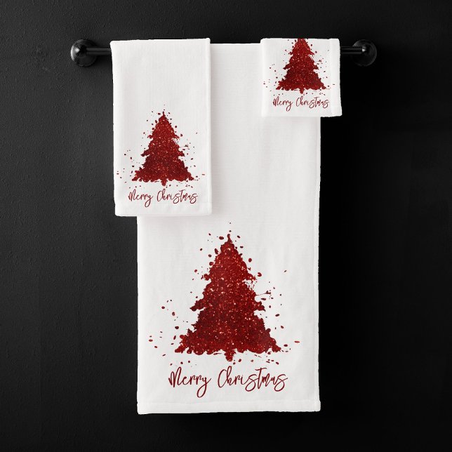Classic Merry Christmas | Rich Crimson Red Tree Bath Towel Set (Creator Uploaded)