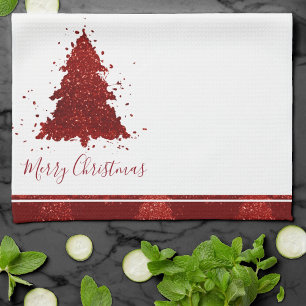 Classic Merry Christmas Rich Crimson Red Tree Kitchen Towel