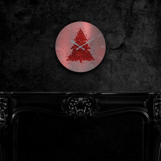 Classic Merry Christmas | Rich Crimson Red Tree Round Clock (Creator Uploaded)