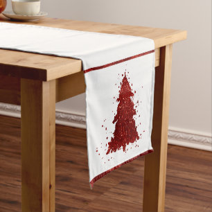 Classic Merry Christmas Rich Crimson Red Tree Short Table Runner